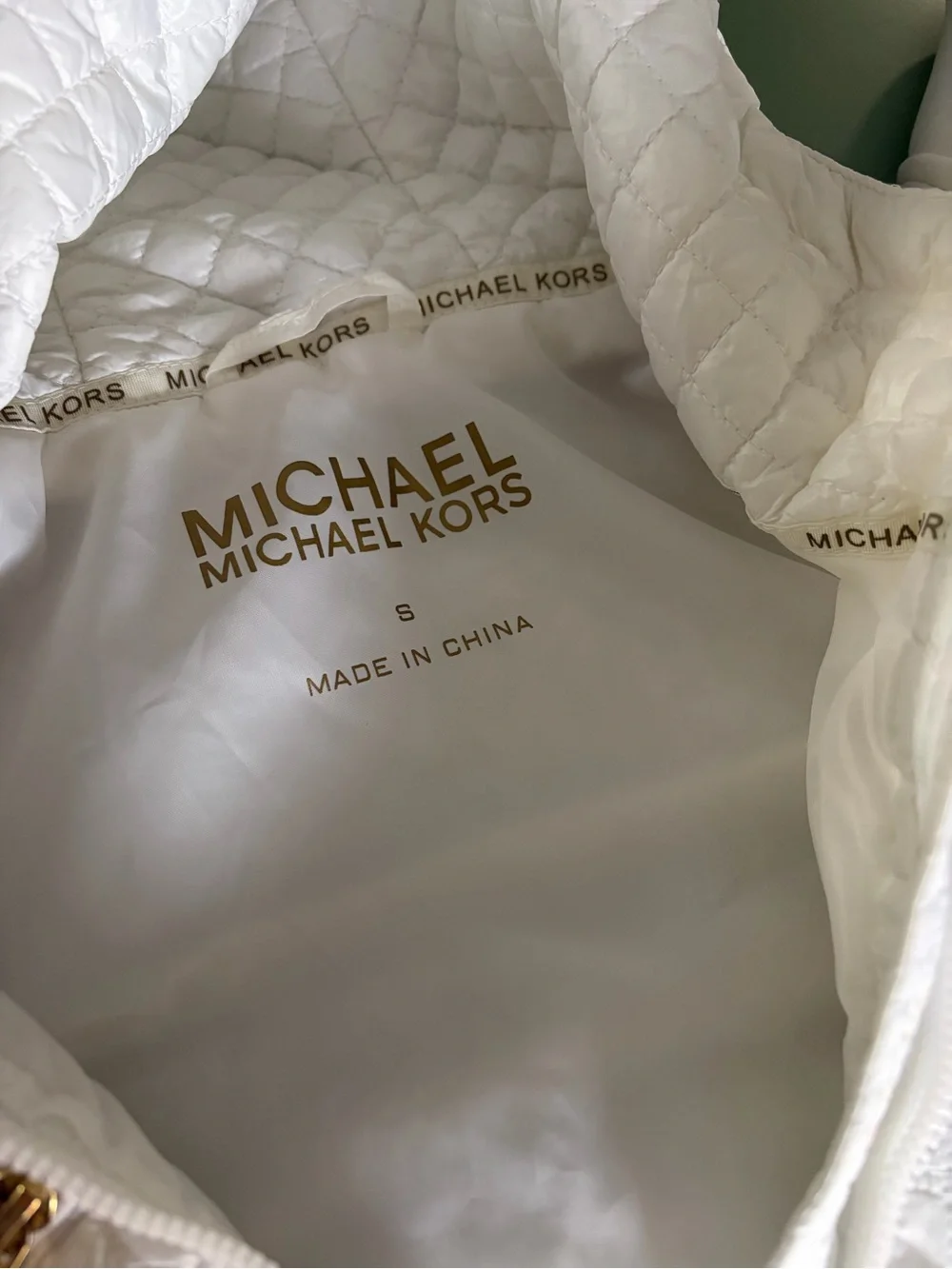 Michael Kors White Quilted Hooded Puffer Jacket with Gold Accents